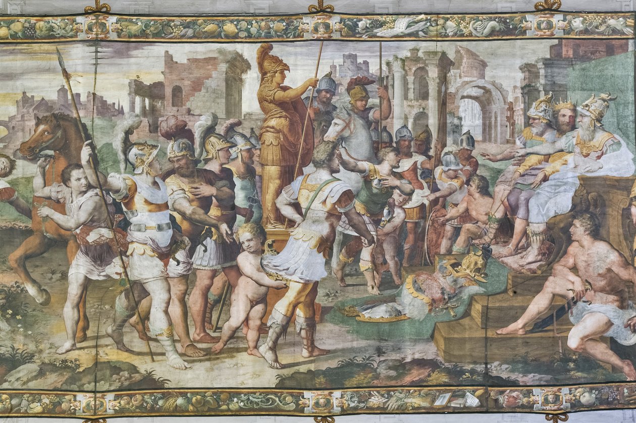 Ulisses e Ajax competindo pela armadura de Aquiles perante os tribunais, Ulysses Hall, detalhe de 2384556 (fresco) de Giovanni Battista Castello