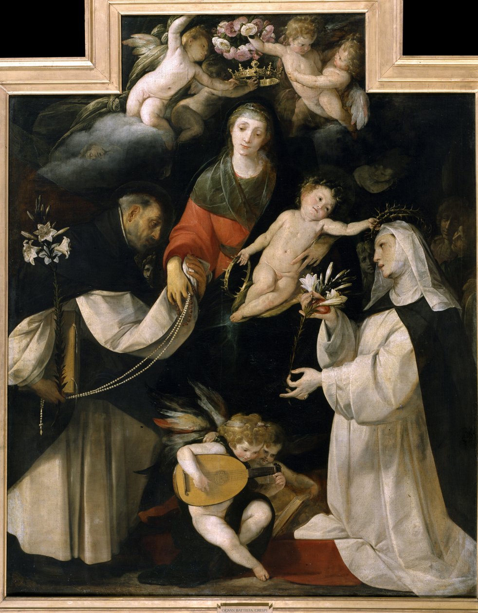 Madona do Rosário (Madonna del Rosario). Uma coroa de rosas é colocada na cabeça da Virgem enquanto dois santos lhe entregam lírios brancos, rosários e corações que simbolizam a fé. Pintura de Giovan (Giovanni) Battista Crespi, conhecido como Il Cerano (ce de Giovanni Battista (1567 1633) Crespi