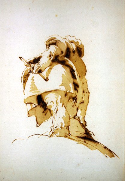 Um homem de pé visto por detrás, segurando um bastão e procurando um saco (caneta e tinta castanha com lavagem castanha no papel) de Giovanni Battista Tiepolo