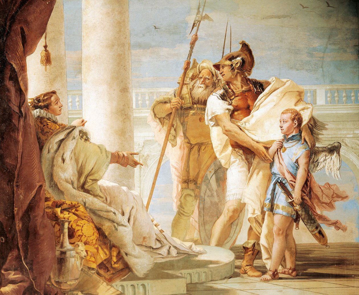Eneas apresentando Cupido vestido de Ascanius a Dido, de Giambattista Tiepolo (1696-1770), fresco, Sala do Eneido, Villa Valmarana 