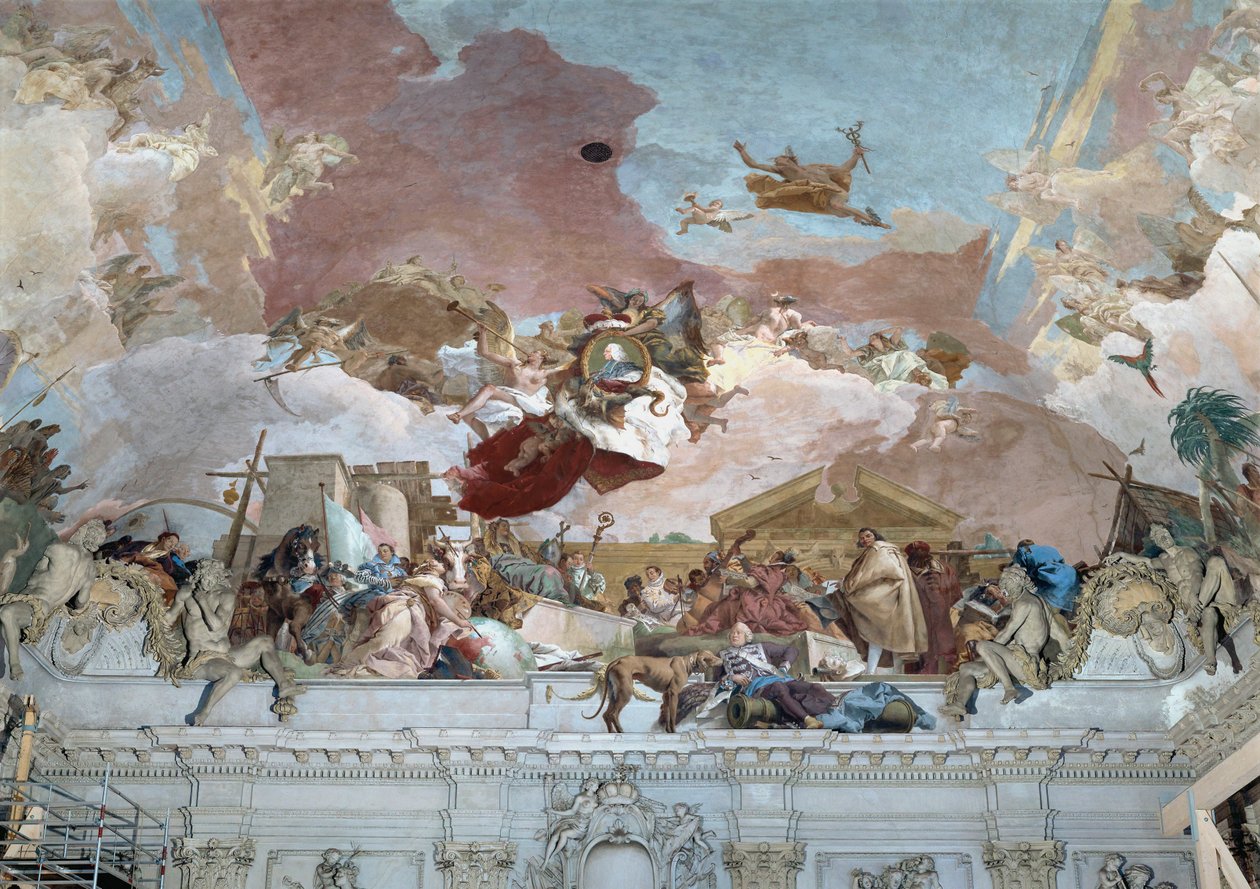 Apoteose do bispo Carl Philipp von Greiffenklau e a secção Europa do fresco do teto ... (fresco) de Giovanni Battista (1696 1770) Tiepolo