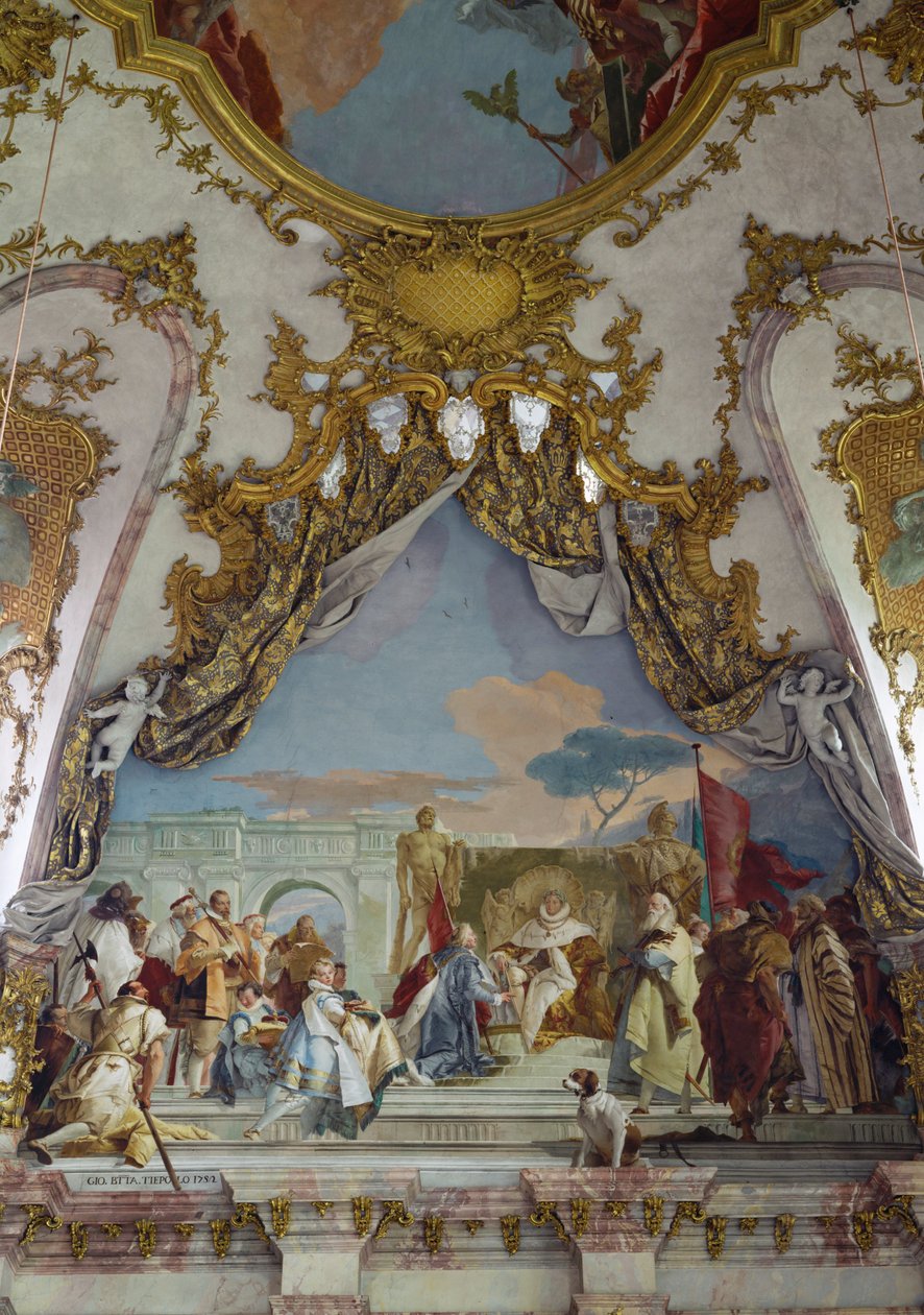 Pormenor do fresco do teto, Sala do Imperador Kaisersaal, Residência de Wuerzburg ... (fresco) de Giovanni Battista (1696 1770) Tiepolo