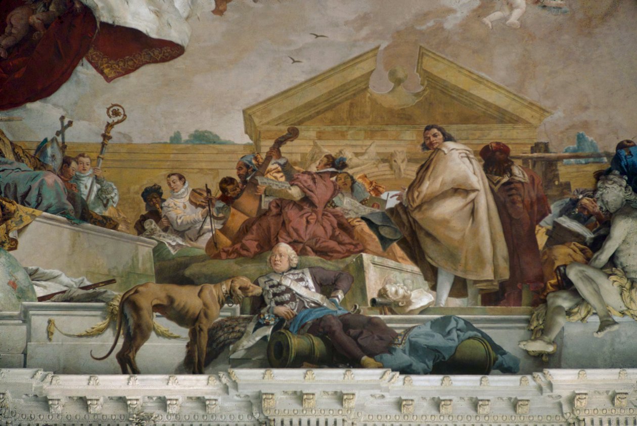 Europa, pormenor do fresco do teto da escadaria, Residência Episcopal de Wuerzburg. ... (fresco) de Giovanni Battista (1696 1770) Tiepolo