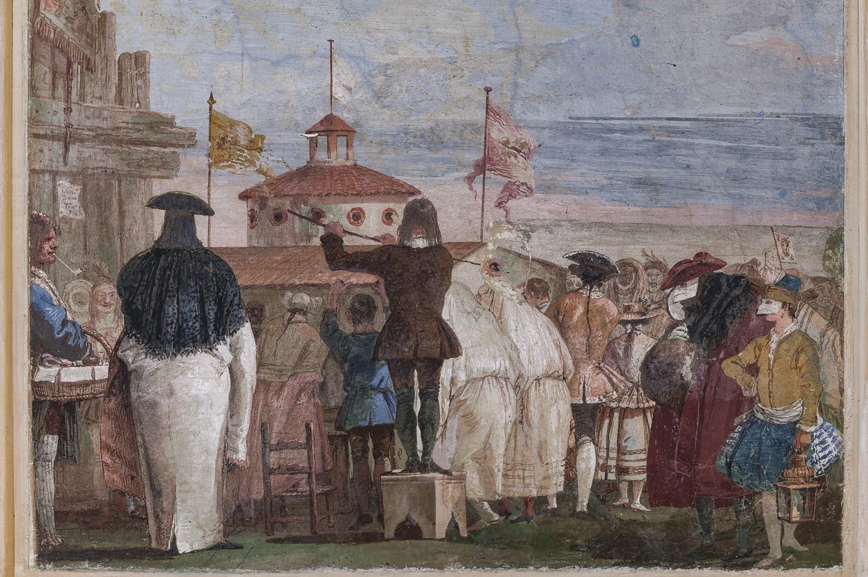 Alojamento dos convidados, a Sala das Cenas de Carnaval: "Novo Mundo", uma cena com máscaras a imitar uma pintura a óleo de Giovanni Battista Tiepolo