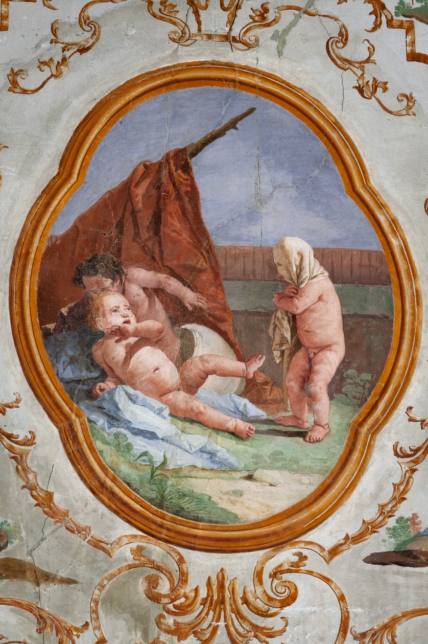 Alojamentos para convidados, o Quarto do Putti, medalhão com putti: "O Disfarce". de Giovanni Battista Tiepolo