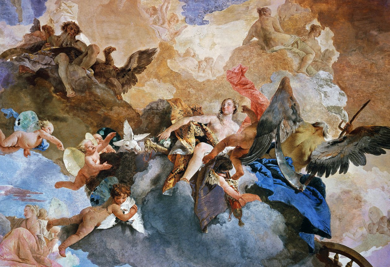 Sequestro de Vênus por Kronos, detalhe do Curso de Carruagem do Sol, fresco por Giambattista Tiepolo (1696-1770), Galeria da Tapeçaria, Palazzo Clerici, Milão, Lombardia, Itália de Giovanni Battista Tiepolo