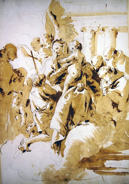 Madonna e Criança com Anjos, Santos e o Menino João Batista (caneta e tinta marrom e lavagem em papel) de Giovanni Battista Tiepolo