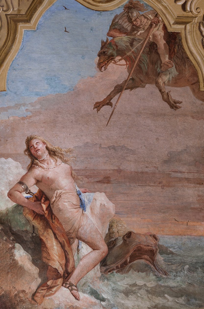 Palazzina (Pequeno Edifício): segunda sala ou sala de Ariosto com frescos representando episódios de "Orlando Furioso": "Ruggiero resgatando Angelica do monstro marinho" de Giovanni Battista Tiepolo