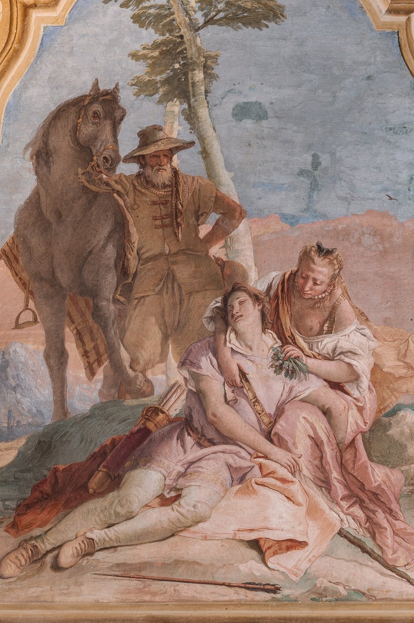 Palazzina (Pequeno Edifício): segunda sala ou sala de Ariosto com frescos representando episódios de "Orlando Furioso": "Angelica cuida das feridas de Medoro". de Giovanni Battista Tiepolo