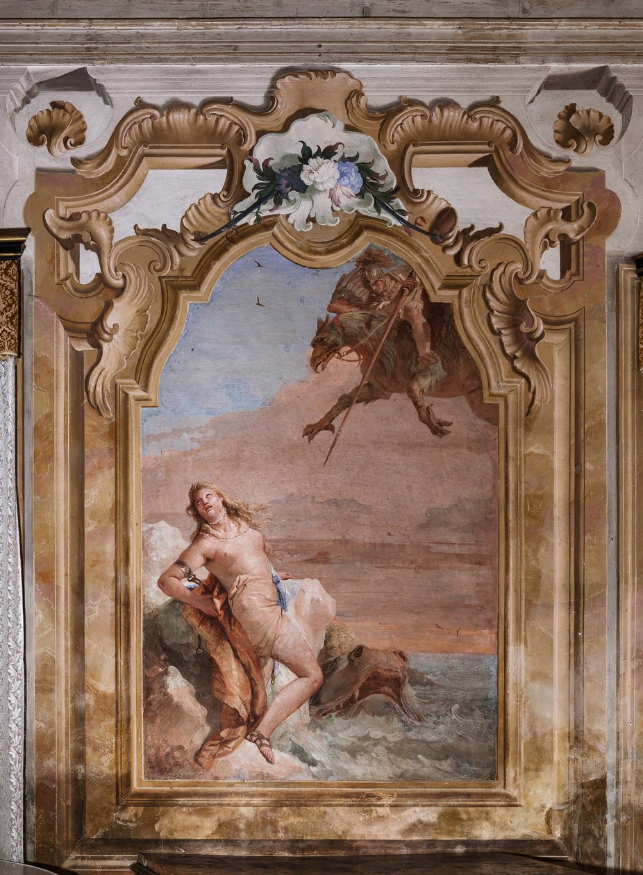 Palazzina (Pequeno Edifício): segunda sala ou sala de Ariosto com frescos representando episódios de "Orlando Furioso": "Ruggiero resgatando Angelica do monstro marinho" de Giovanni Battista Tiepolo