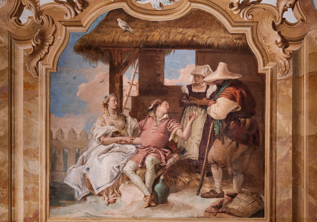 Palazzina (Pequeno Edifício): segunda sala ou sala de Ariosto com frescos representando episódios de "Orlando Furioso": "Angélica e Medoro na casa dos pastores". de Giovanni Battista Tiepolo