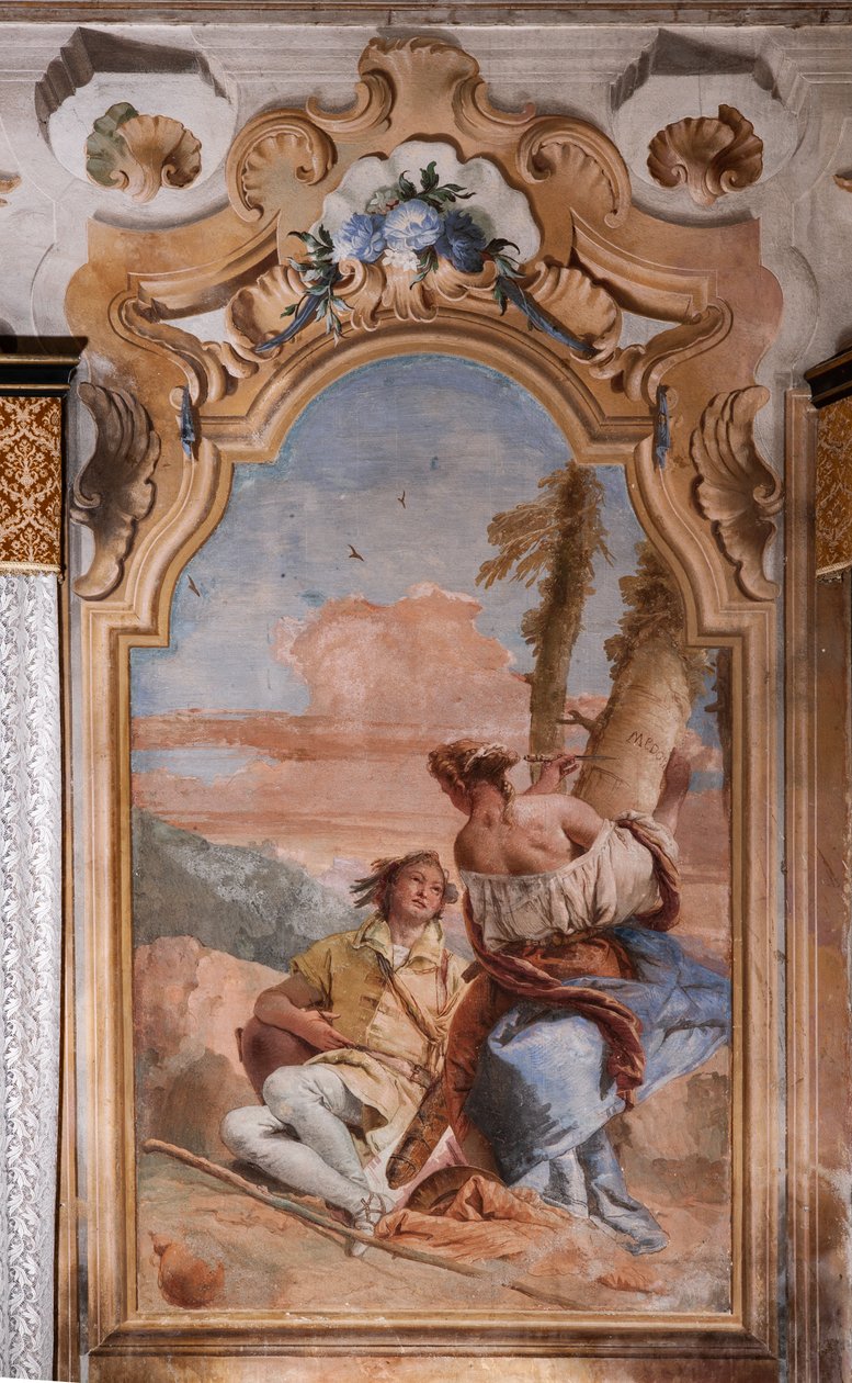 Palazzina (Pequeno Edifício): segunda sala ou sala de Ariosto com frescos representando episódios de "Orlando Furioso": "Angélica e Medoro gravam os seus nomes na casca das plantas". de Giovanni Battista Tiepolo