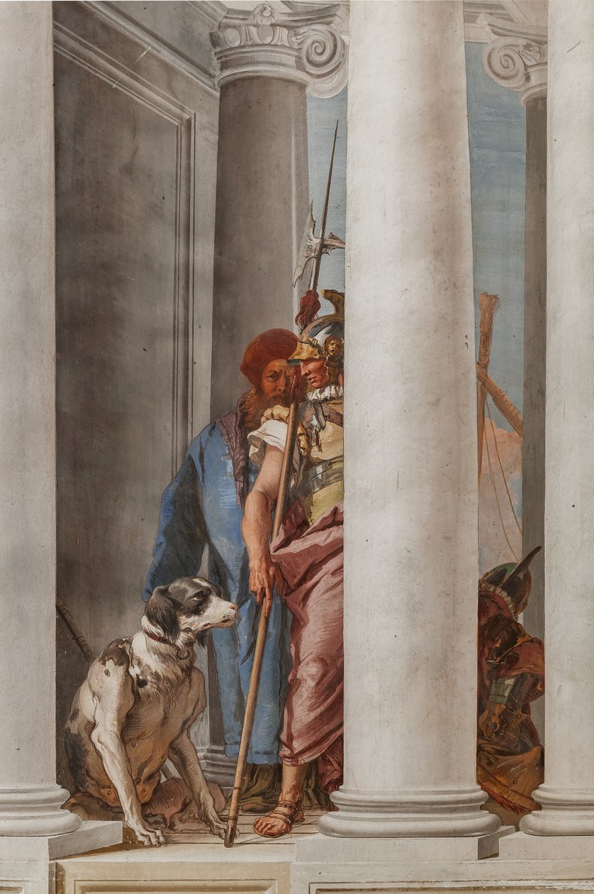 Palazzina (Prédio Pequeno), hall de entrada: "A Frota Grega em Aulide", detalhe representando um cão e um soldado de Giovanni Battista Tiepolo