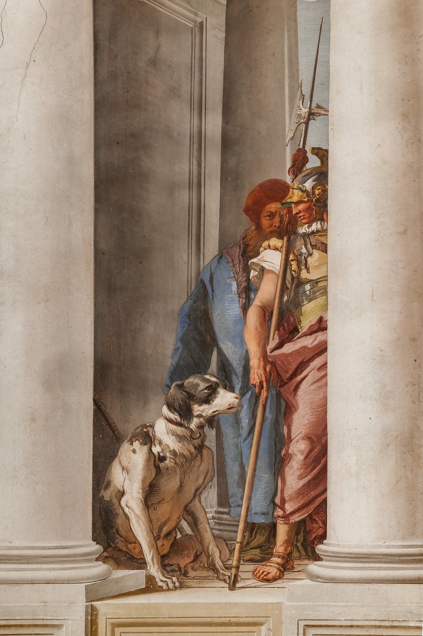 Palazzina (Prédio Pequeno), hall de entrada: "A Frota Grega em Aulide", detalhe representando um cão e um soldado de Giovanni Battista Tiepolo