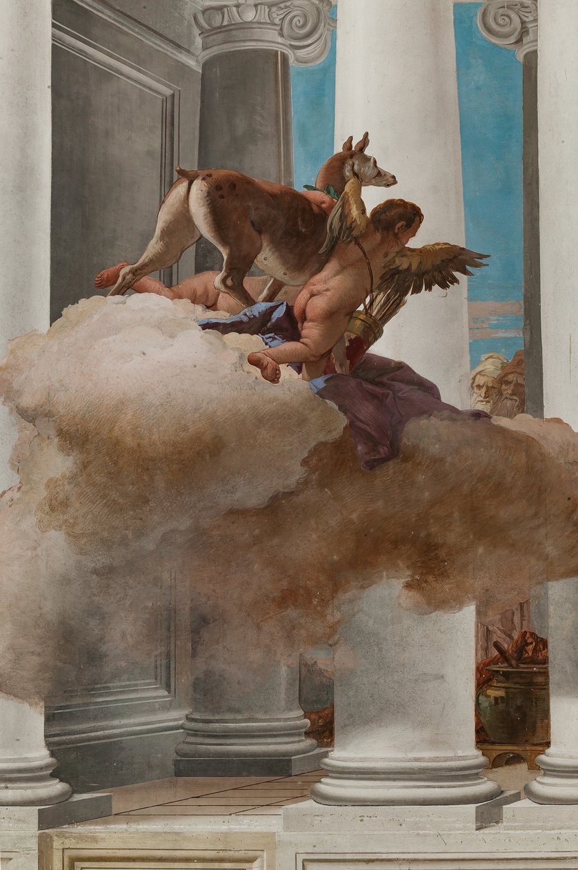 Palazzina (Prédio Pequeno), o hall de entrada: "O Sacrifício de Ifigênia", detalhe da corça enviada por Ártemis para substituir Ifigênia de Giovanni Battista Tiepolo