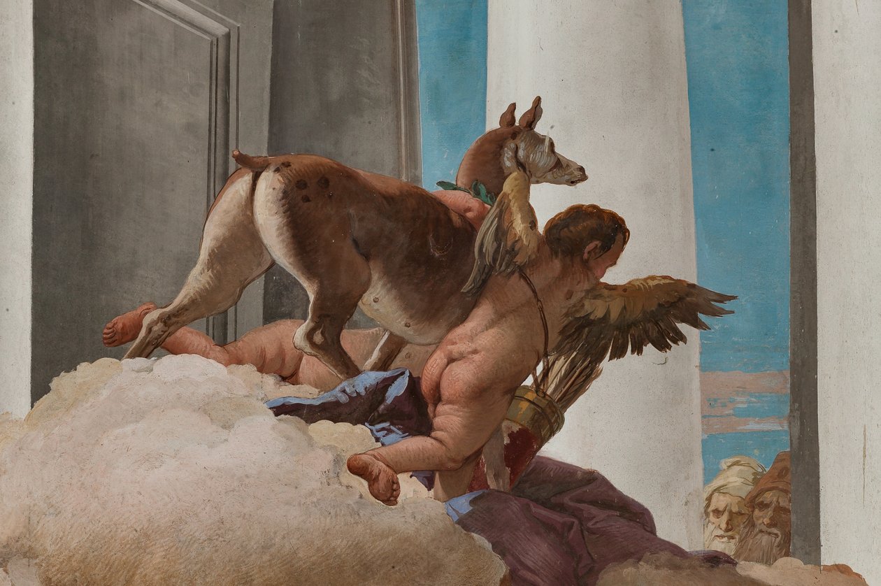 Palazzina (Prédio Pequeno), o hall de entrada: "O Sacrifício de Ifigênia", detalhe da corça enviada por Ártemis para substituir Ifigênia de Giovanni Battista Tiepolo