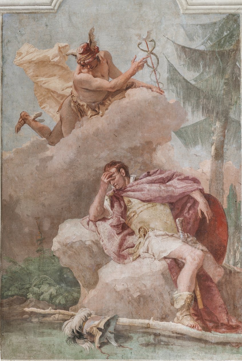 Palazzina (Pequeno Edifício), a terceira sala ou quarto do Aeneid: "Aeneas sonha com Mercúrio que o ordena a sair" de Giovanni Battista Tiepolo
