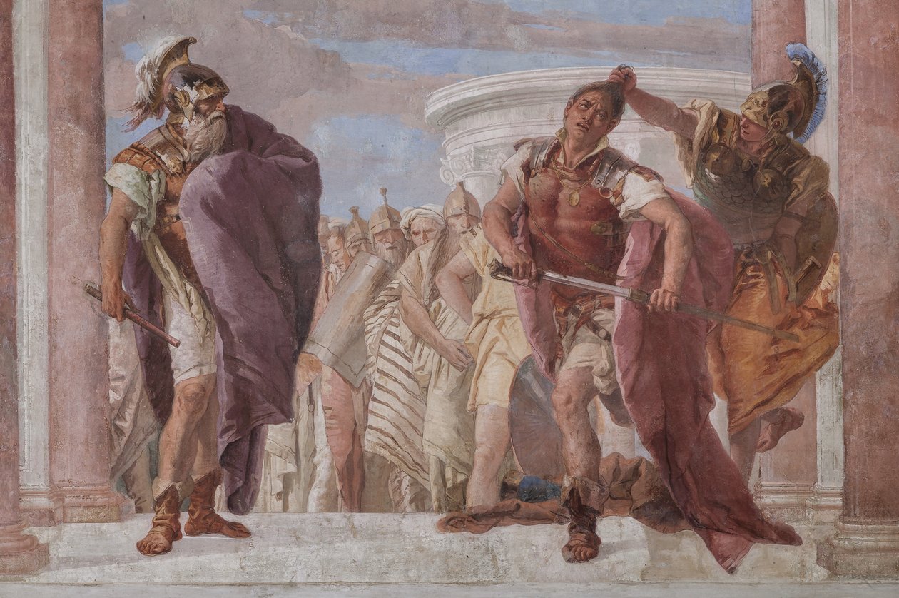 Palazzina (Prédio Pequeno): vista da primeira sala e seus afrescos representando episódios da Ilíada: "Atena impede Aquiles de desembainhar sua espada contra Agamenon", detalhe de Giovanni Battista Tiepolo