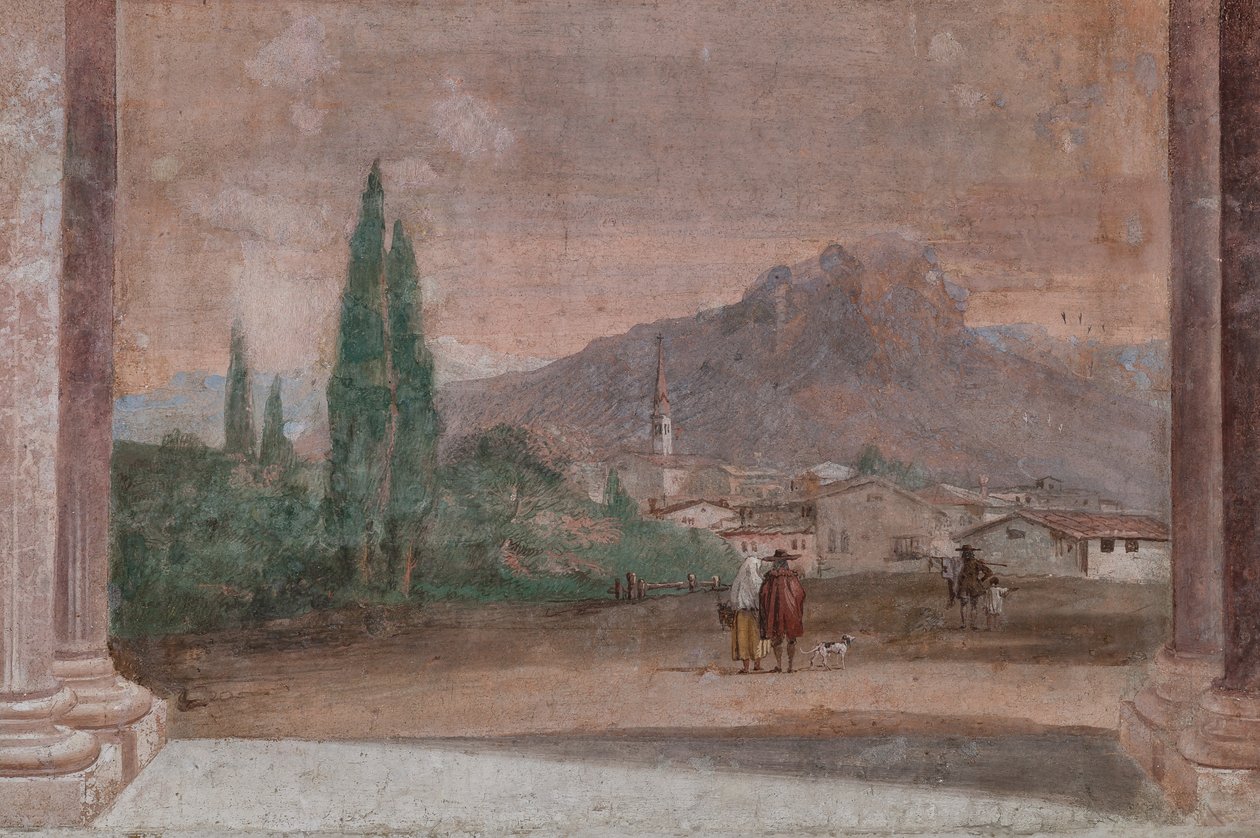 Palazzina (Prédio Pequeno): vista da primeira sala e seus afrescos representando episódios da Ilíada: "Cupido com flechas voando sobre uma paisagem veneziana", detalhe sobre a paisagem de Giovanni Battista Tiepolo