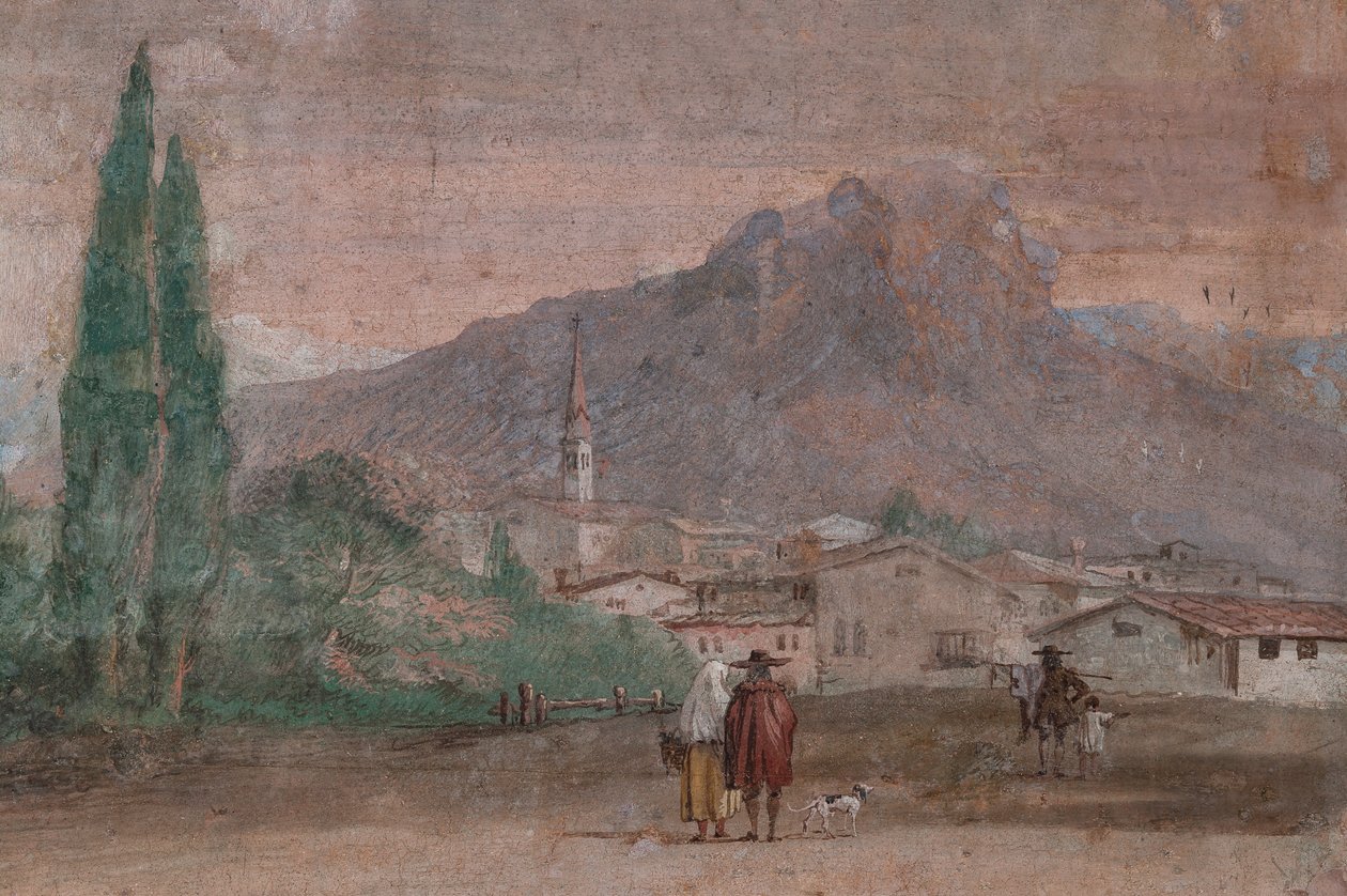 Palazzina (Prédio Pequeno): vista da primeira sala e seus afrescos representando episódios da Ilíada: "Cupido com flechas voando sobre uma paisagem veneziana", detalhe sobre a paisagem de Giovanni Battista Tiepolo