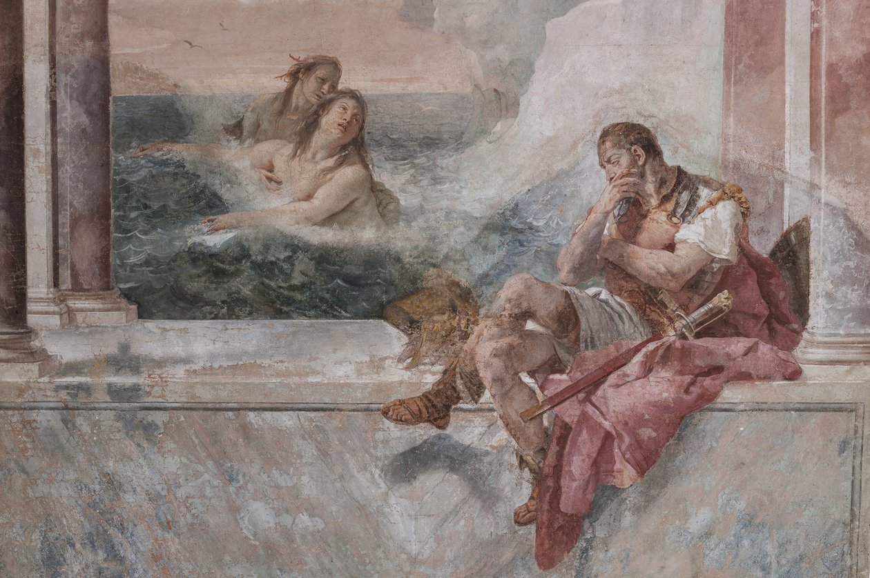 Palazzina (Prédio Pequeno): vista da primeira sala e seus afrescos representando episódios da Ilíada: "Aquiles em lágrimas enquanto sua mãe Tétis emerge do mar para consolá-lo", detalhe de Giovanni Battista Tiepolo