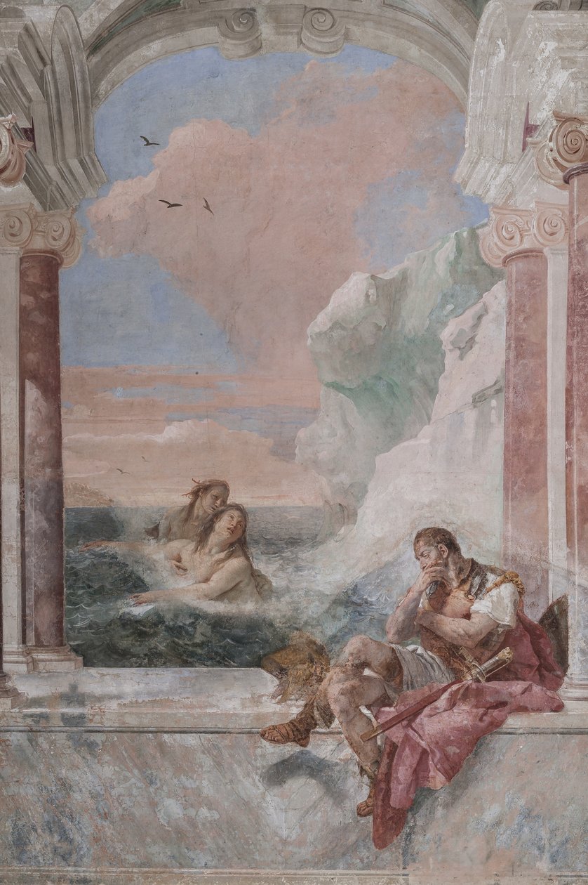 Palazzina (Pequeno Edifício): vista da primeira sala e dos seus frescos representando episódios da Ilíada: "Aquiles in tears while his mother Thetis emerge do mar para o consolar" de Giovanni Battista Tiepolo