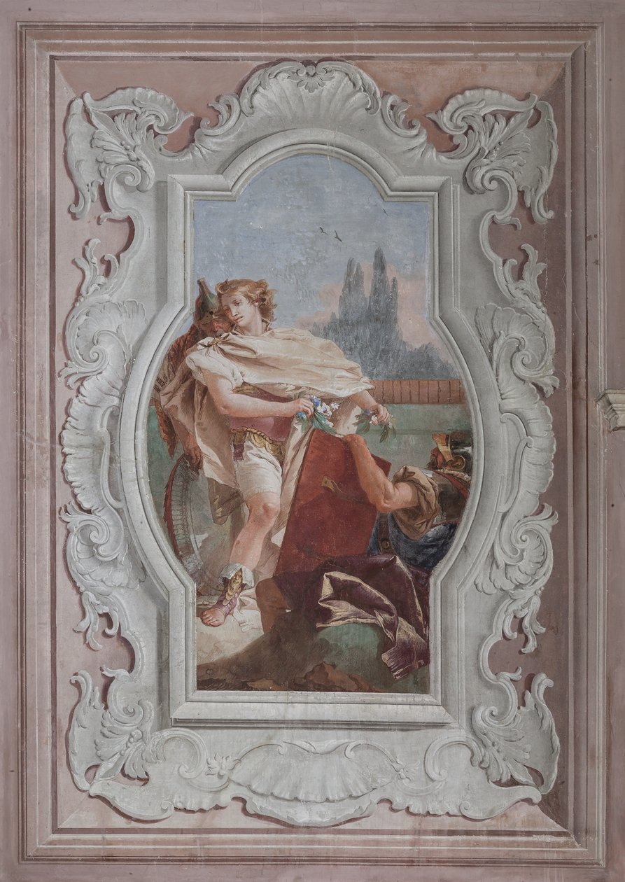Palazzina (Prédio Pequeno): vista do quarto quarto ou de Torquato Tasso, com afrescos representando episódios de "Jerusalém Entregue": "Os companheiros seguram o espelho na frente de Rinaldo" de Giovanni Battista Tiepolo