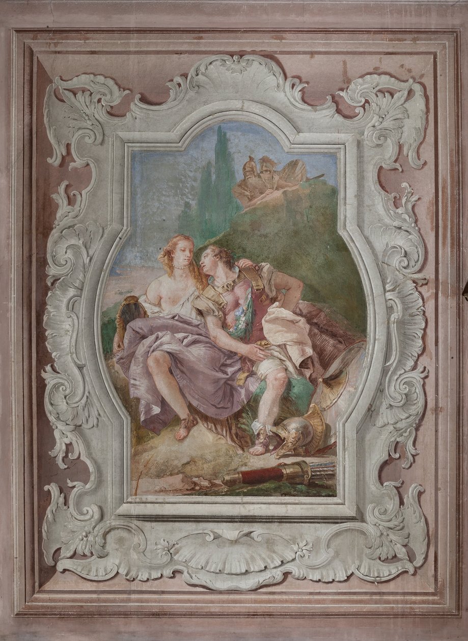 Palazzina (Pequeno Edifício): vista da quarta sala ou de Torquato Tasso, com freescoes representando episódios de "Jerusalém Entregue": "Rinaldo e Armida no jardim encantado, secretamente observado por Ubaldo e Carlo". de Giovanni Battista Tiepolo