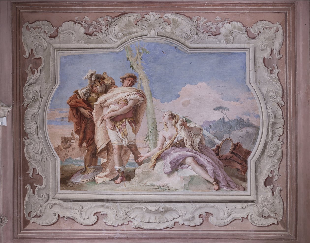 Palazzina (Pequeno Edifício): vista da quarta sala ou de Torquato Tasso, com freescoes representando episódios de "Jerusalém Entregue": "Rinaldo, escoltado por Ubaldo e Carlo, abandona Armida". de Giovanni Battista Tiepolo