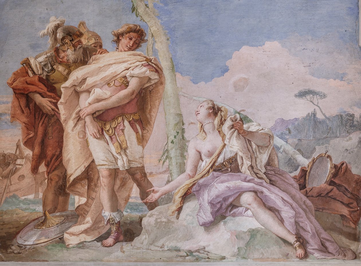 Palazzina (Pequeno Edifício): vista da quarta sala ou de Torquato Tasso, com freescoes representando episódios de "Jerusalém Entregue": "Rinaldo, escoltado por Ubaldo e Carlo, abandona Armida". de Giovanni Battista Tiepolo