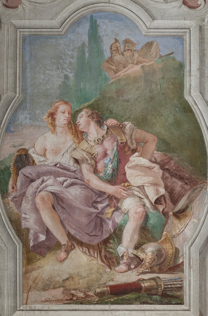 Palazzina (Prédio Pequeno): vista da quarta sala ou de Torquato Tasso, com afrescos representando episódios de "Jerusalém Entregue": "Rinaldo e Armida no jardim encantado, observados secretamente por Ubaldo e Carlo" de Giovanni Battista Tiepolo