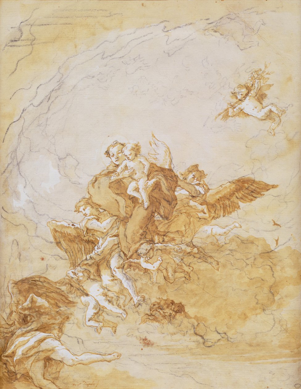 Santo Antônio e o Menino Cristo sustentado por Anjos (caneta e tinta) de Giovanni Battista Tiepolo