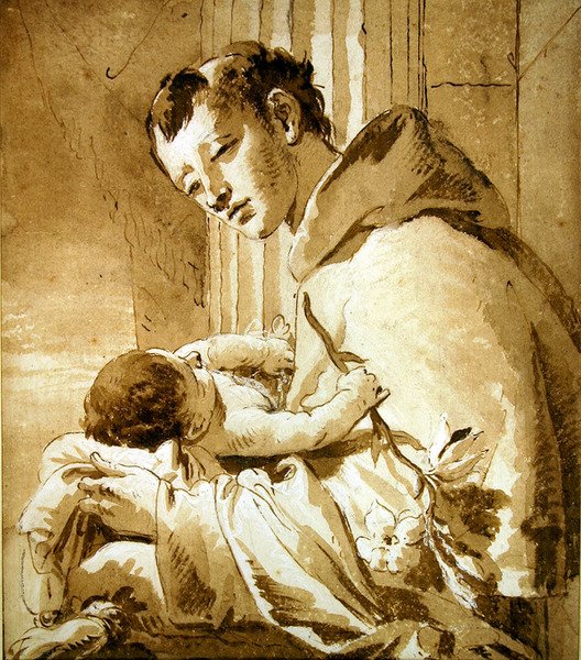Santo Antônio Segurando a Criança Cristo (caneta, tinta marrom e lavagem) de Giovanni Battista Tiepolo