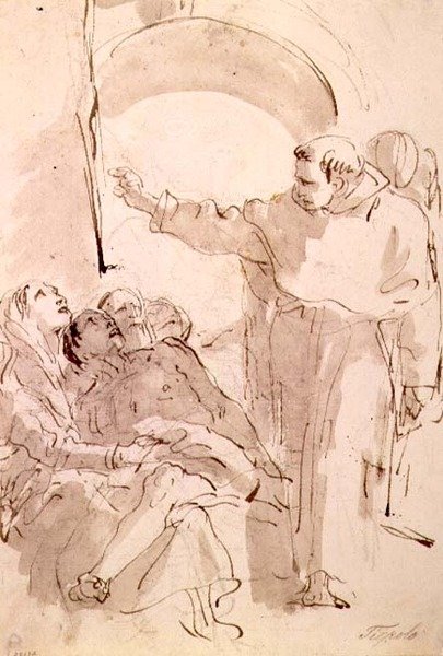 O Milagre de Santo Antônio de Pádua, c.1760 (caneta e tinta, lavar com giz preto) de Giovanni Battista Tiepolo