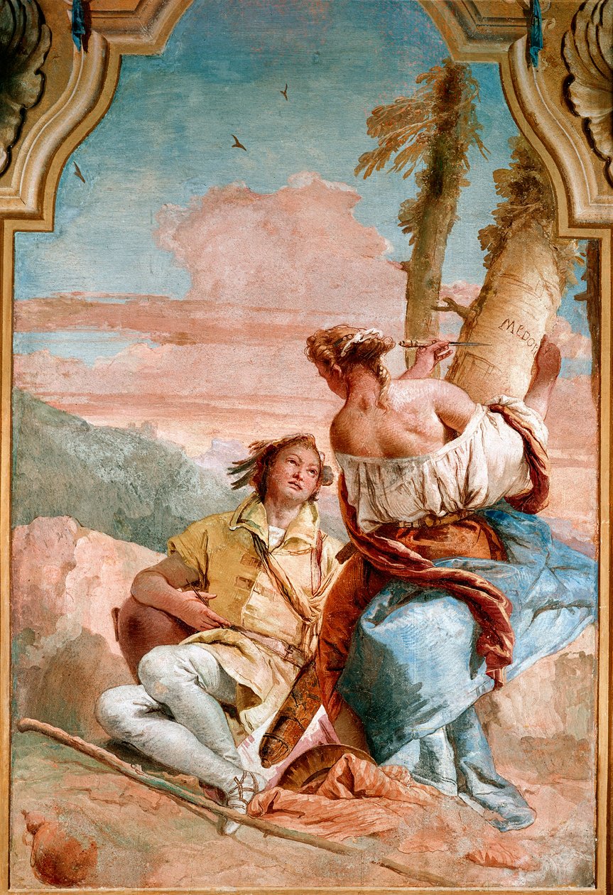Angelique et Medor - Ilustração para "The Furious Roland" (Orlando Furioso) de Ludovic Arioste (Ariosto) representando Angelica (Angelica) inscrevendo o nome de Medor (Medoro), com quem acaba de se juntar, num tronco de árvore - Fresco de Giambattista Tiep de Giovanni Battista Tiepolo