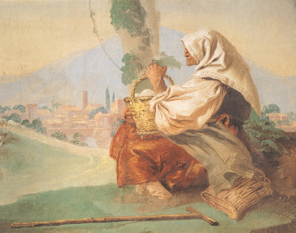 Paisagem tem o camponês Um homem velho sentado, com a cabeça coberta por um homem ensanguentado a esconder a sua cara de Giovanni Battista Tiepolo