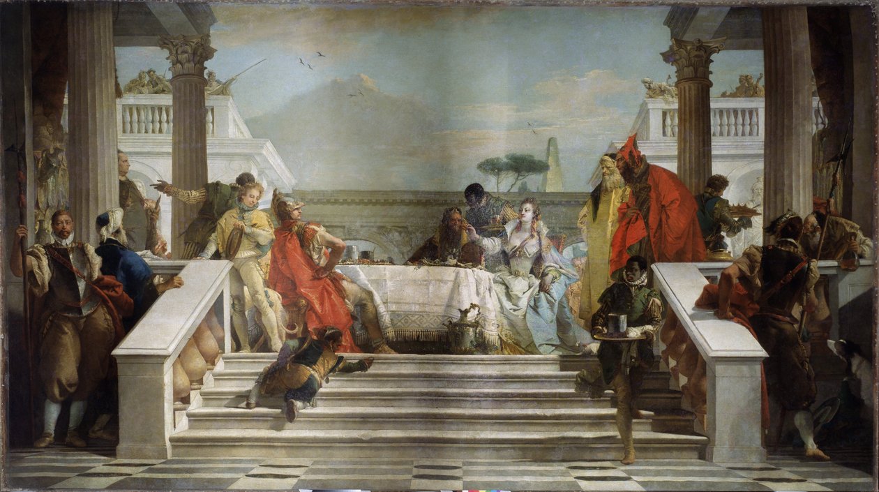 A Festa de Cleópatra. A rainha egípcia (69-30 AC) é provavelmente representada com o general romano e político Mark Antonius (83-30 AC) (festa de Cleópatra). Pintura de Giambattista Tiepolo (1696-1770). Óleo sobre tela. de Giovanni Battista Tiepolo
