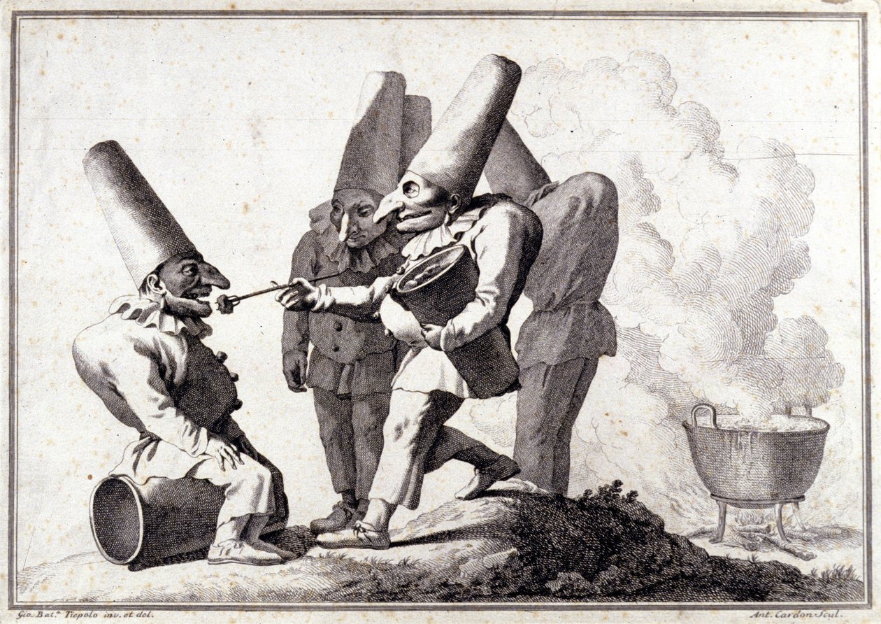 O grupo de Pulcinella (Polichinelle italiana). Desenho com caneta e lavagem a lápis por Giovanni Battista (Giambattista) Tiepolo (1696-1770). de Giovanni Battista Tiepolo