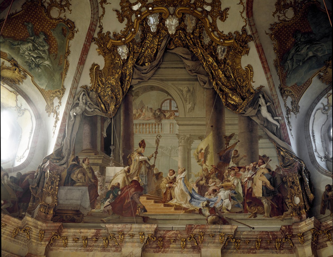 O casamento de Beatriz de Borgonha e Frederic I de Hohenstaufen (1122-1190) conhecido como Frederic Barberousse, Rei da Alemanha e Imperador germânico em 1156 Fresco por Giovanni Battista (Giambattista) Tiepolo (1696-1770). 1752 Palace of Wurzburg (Würzbur de Giovanni Battista Tiepolo