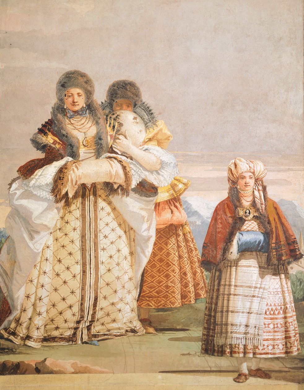 Caminhada de inverno, por Giambattista Tiepolo (1696-1770), afresco, detalhe, O quarto gótico, Bairro dos hóspedes de Villa Valmarana ai Nani, Vicenza, Itália de Giovanni Battista Tiepolo