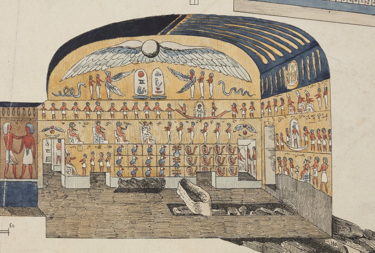 Secção do túmulo de Psammuthis em Tebas, descoberto e aberto por Belzoni em 1818 (litografia colorida à mão) de Giovanni Battista (after) Belzoni