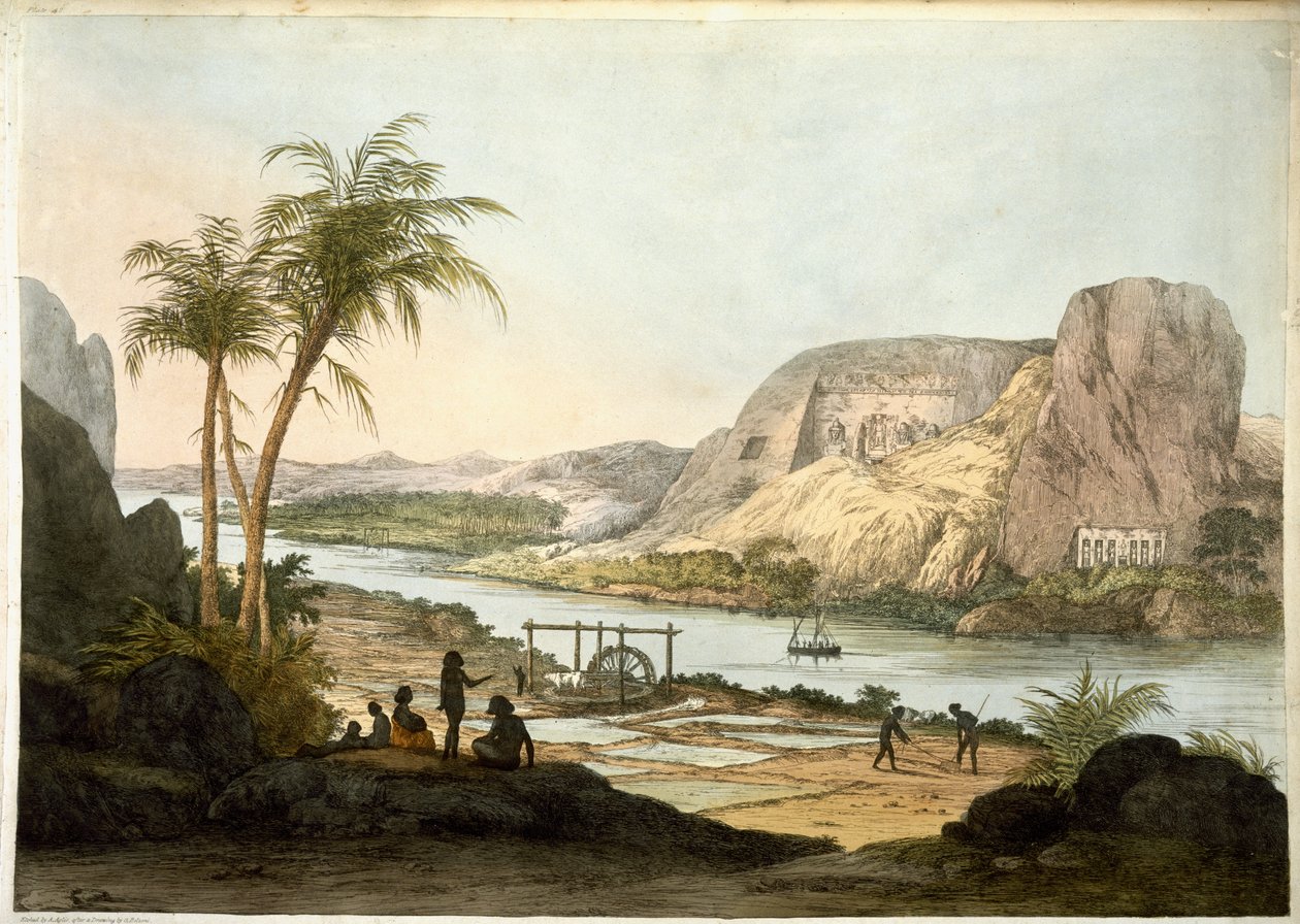 Vista exterior dos dois templos em Abu Simbul, a partir de placas ilustrativas das Pesquisas no Egito e na Núbia, publicadas em 1822 de Giovanni Battista Belzoni