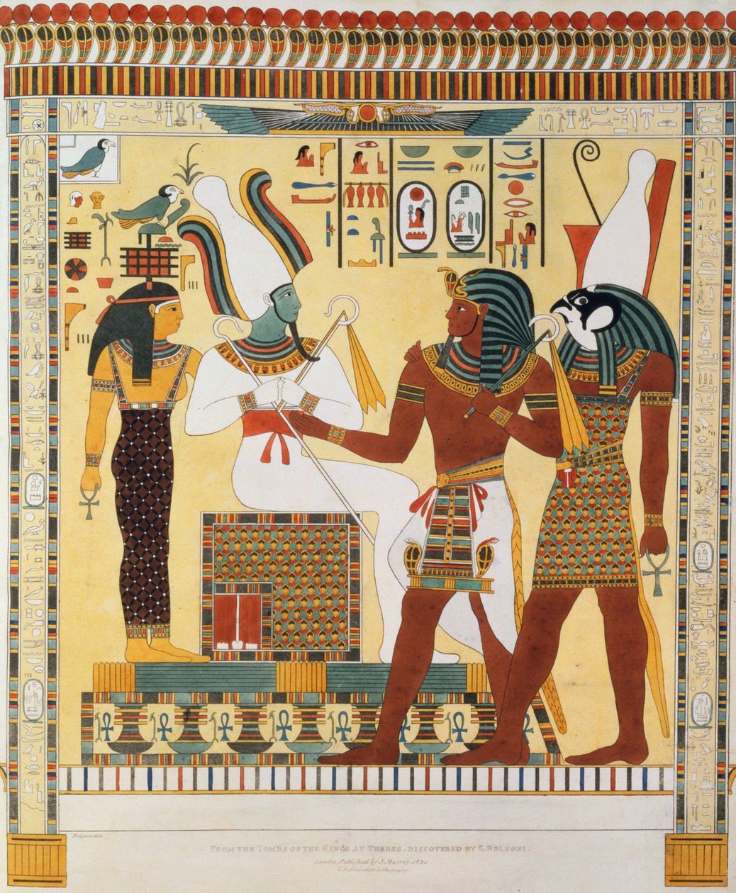 Mural das Tumbas dos Reis de Tebas, descoberto por G. Belzoni, quadro 19 de "Placas Ilustrativas das Pesquisas no Egito e na Núbia", gravado por Charles Hullmandel (1789-1850) 1820-22 (lit de Giovanni Battista Belzoni