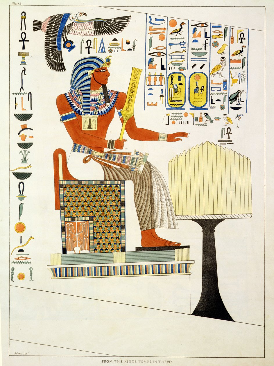 Mural das Tumbas dos Reis de Tebas, descoberto por G. Belzoni, quadro 1 de "Placas Ilustrativas das Pesquisas no Egito e na Núbia", gravado por Charles Hullmandel (1789-1850) 1820-22 (lit de Giovanni Battista Belzoni
