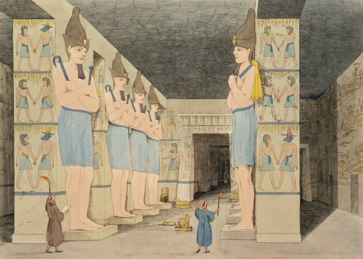Vista do interior do templo em Ybsombul, Nubia, descoberto por Giovanni Belzoni, gravado por Agostinho Aglio (1777-1857), placa 48 de "Placas Ilustrativas das Pesquisas no Egito e na Núbia, de Giovanni Battista Belzoni