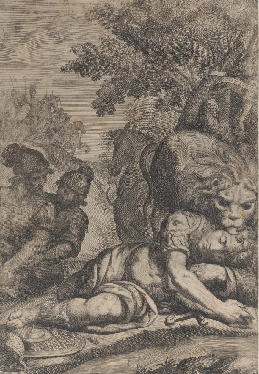 Um leão em cima de um cavaleiro caído à direita, com dois outros soldados à esquerda, 1640-70. de Giovanni Battista Bonacina