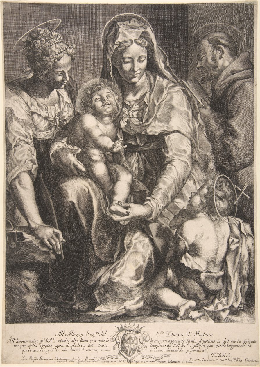 Virgem e Menino com Santa Catarina, Francisco de Assis e João Batista, meados do século XVII. de Giovanni Battista Bonacina