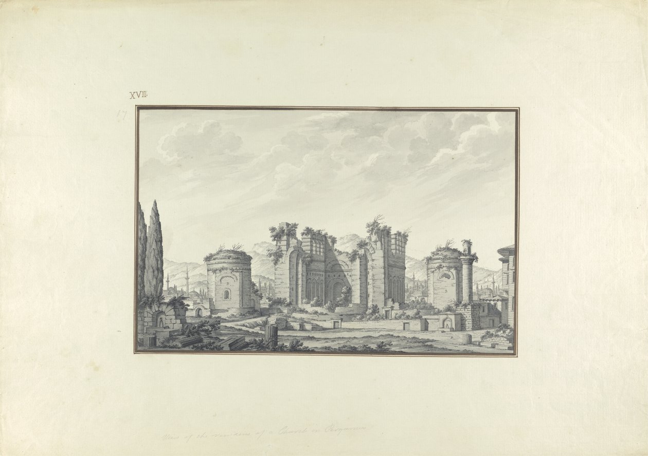 Kizil Avlu, o Salão Central, em Pergamon (caneta e tinta e papel lavado) de Giovanni Battista Borra