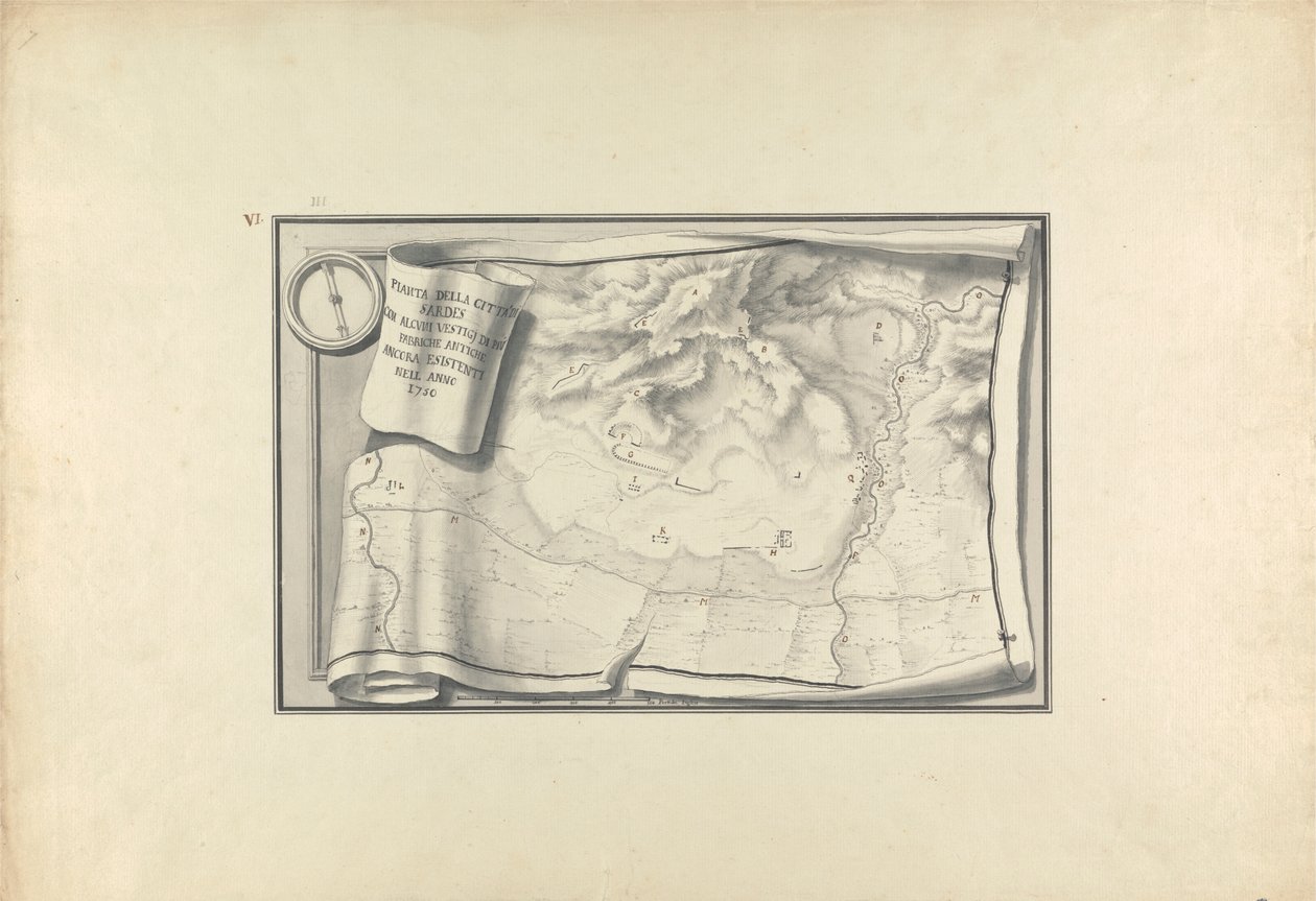 Plano das Ruínas de Sardis com Vestígios de Edifícios Antigos Ainda Existentes em 1750 de Giovanni Battista Borra