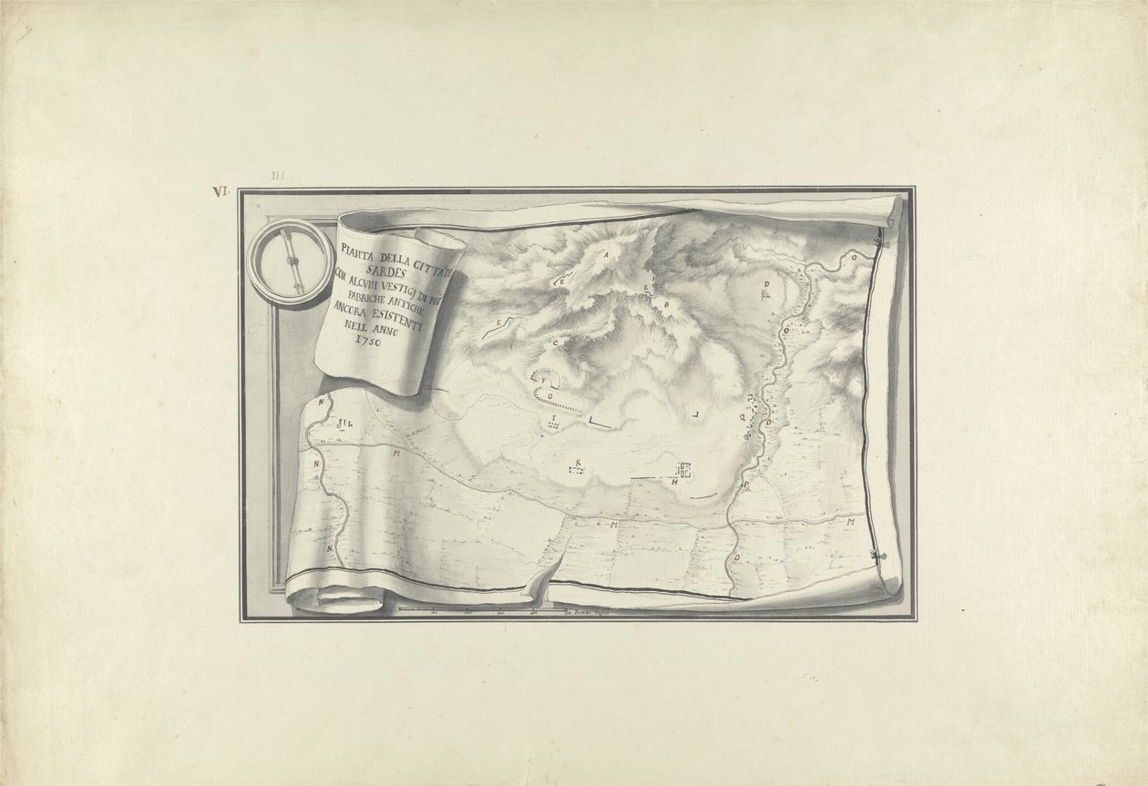 Plano das ruínas de Sardes com vestígios de edifícios antigos ainda existentes em 1750, c.1750 (caneta e tinta com lavagem sobre grafite sobre papel) de Giovanni Battista Borra